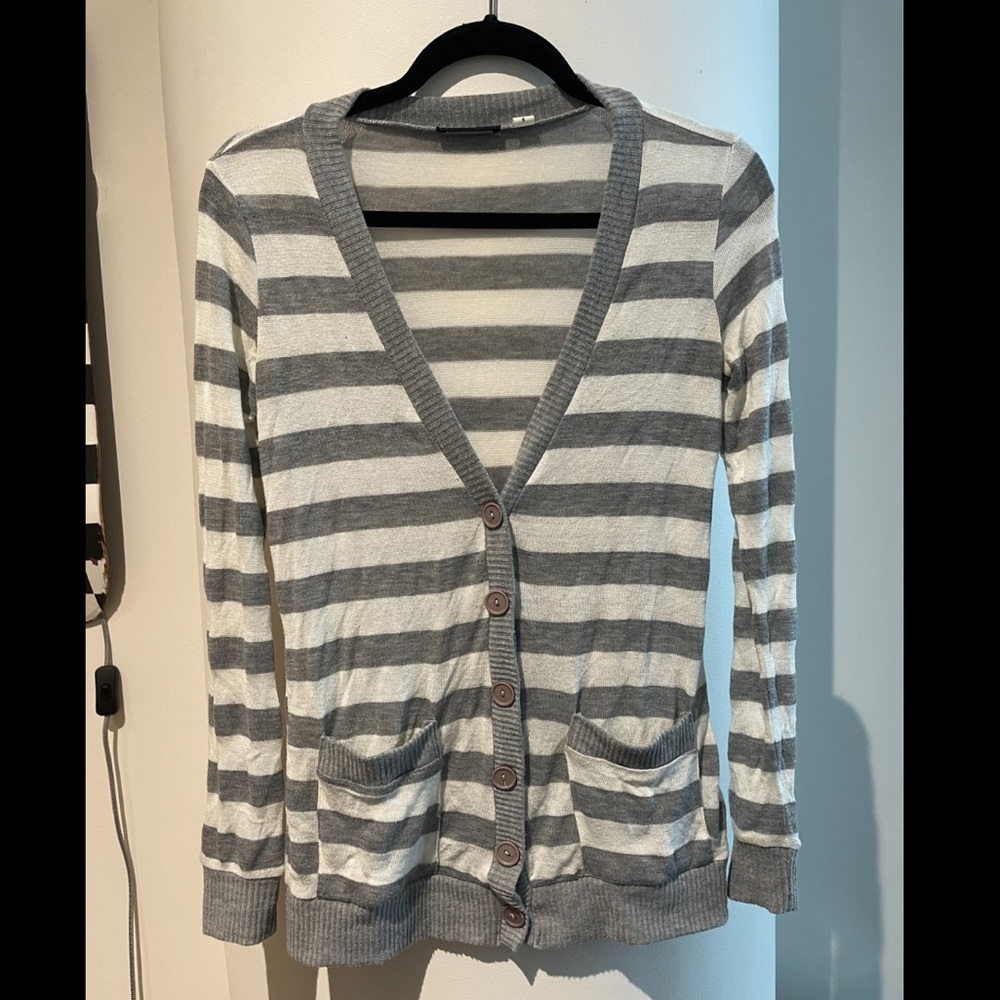 Urban outfitters BDG cardigan. Striped gray and oatmeal pattern.